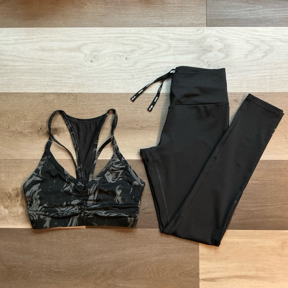 Gymshark Black Marble Print Sports Bra and Black Leggings